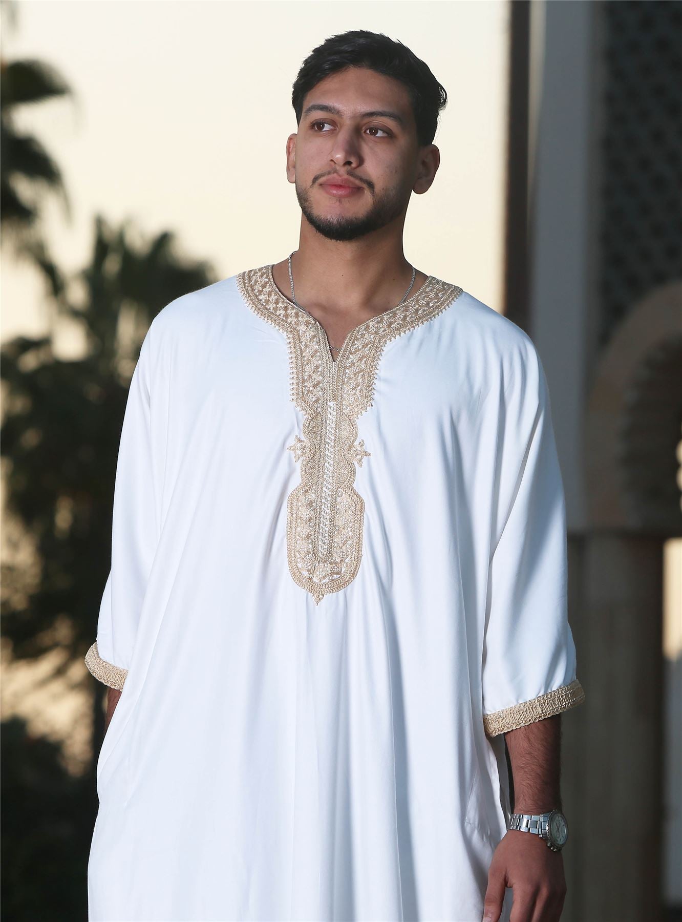 Men's Moroccan Thobe Short Sleeve Gandoura Embroidery Kaftan Jubba