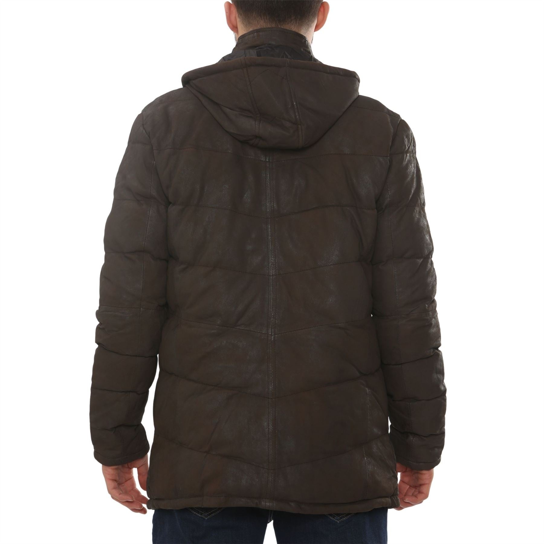 Men's Leather Puffer Jacket Hooded Quilted Winter Coat