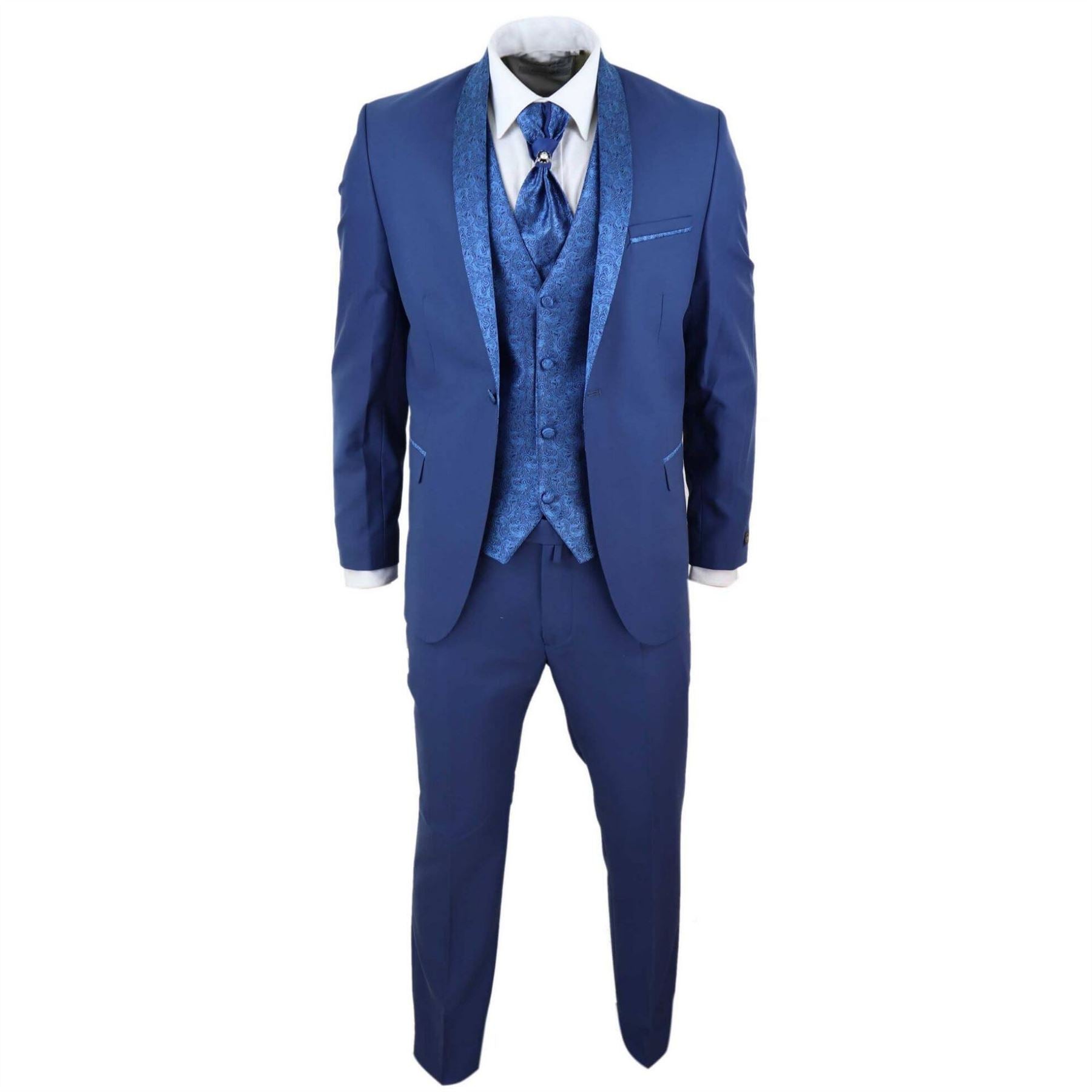 Mens 4 Piece Wedding Suit Groom Shawl Collar Vintage Blue Cravat Tailored Fit