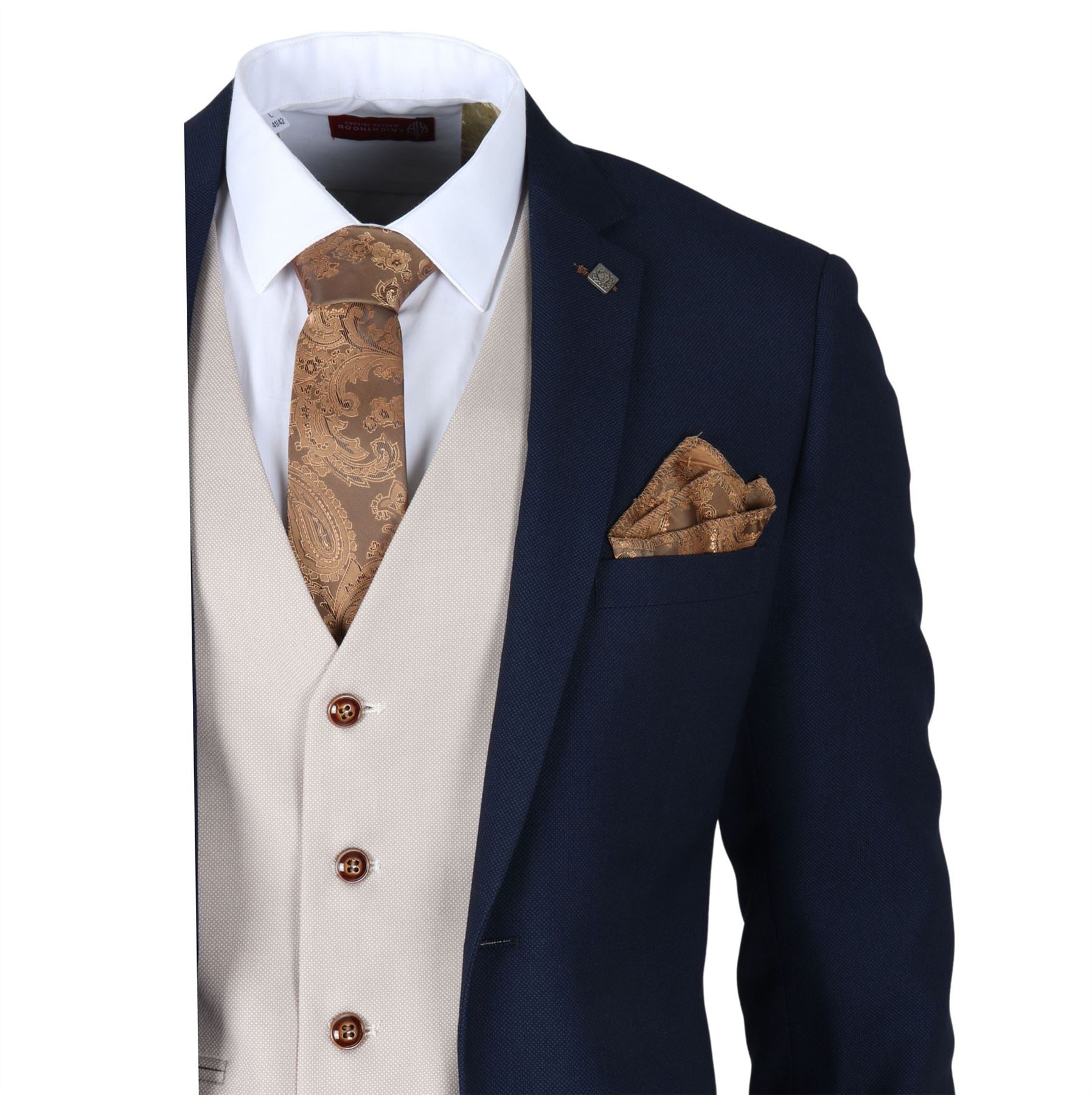 Men's Suit Navy Cream 3 Piece Classic Birdseye Wedding Grooms