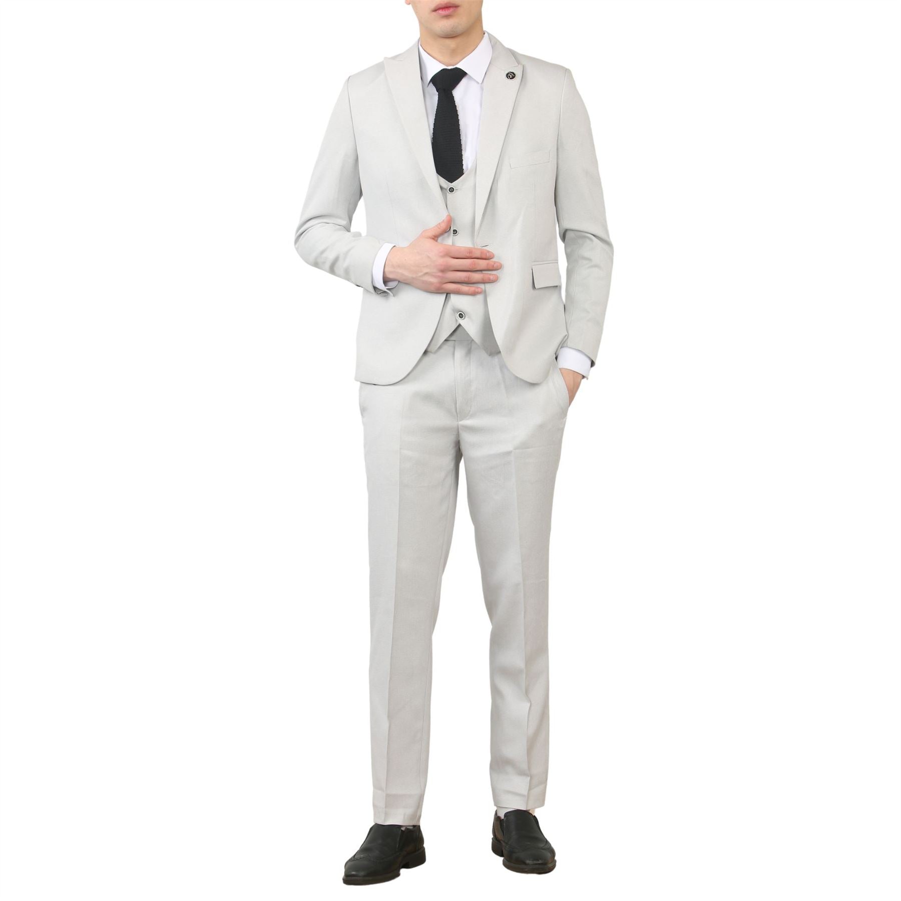 Men's 3 Piece Suit Stone Light Grey Tailored Fit Wedding Classic Prom Formal