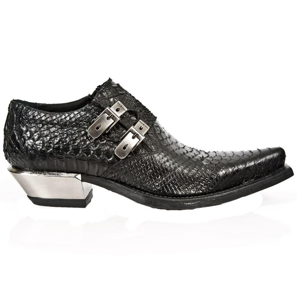 New Rock 7934-S2 Embossed Python Black Leather Buckle West Steel Heel Shoes Boot - Knighthood Store