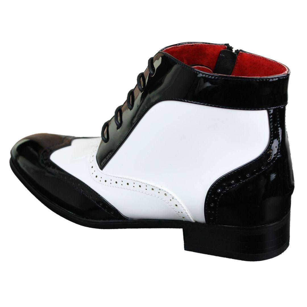 Mens Shiny Patent Brogues Ankle Shoes Boots Laced Smart Casual White Black - Knighthood Store