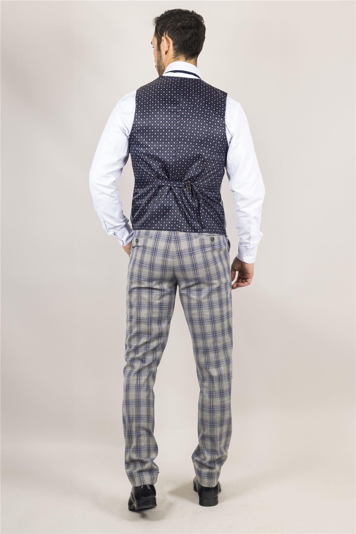 Men's Suit 3 Piece Grey Blue Checked Classic Plaid Tailored Fit Formal Dress