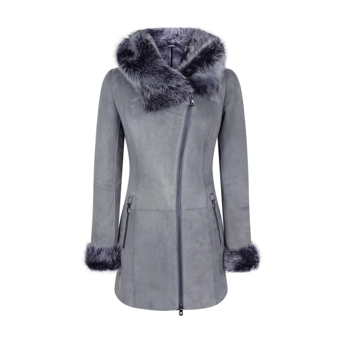 Grey Ladies Long Suede Real Toscana Sheepskin Coat Zipped Hood Tailored Fit - Knighthood Store