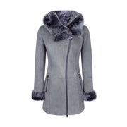 Grey Ladies Long Suede Real Toscana Sheepskin Coat Zipped Hood Tailored Fit - Knighthood Store