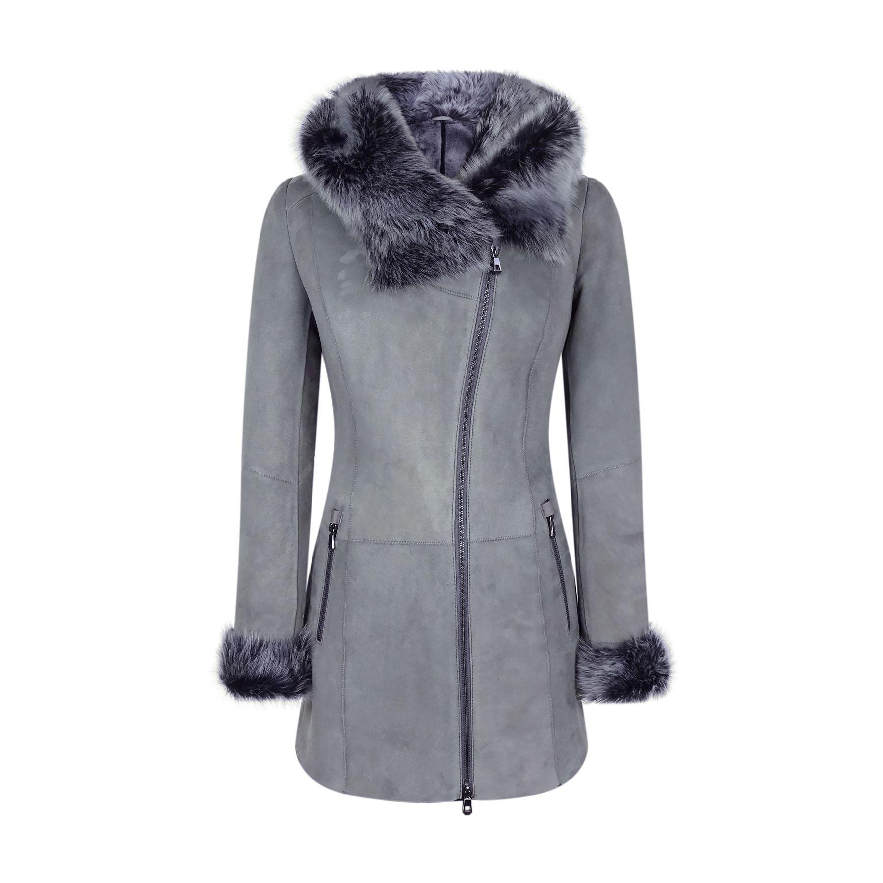 Grey Ladies Long Suede Real Toscana Sheepskin Coat Zipped Hood Tailored Fit - Knighthood Store