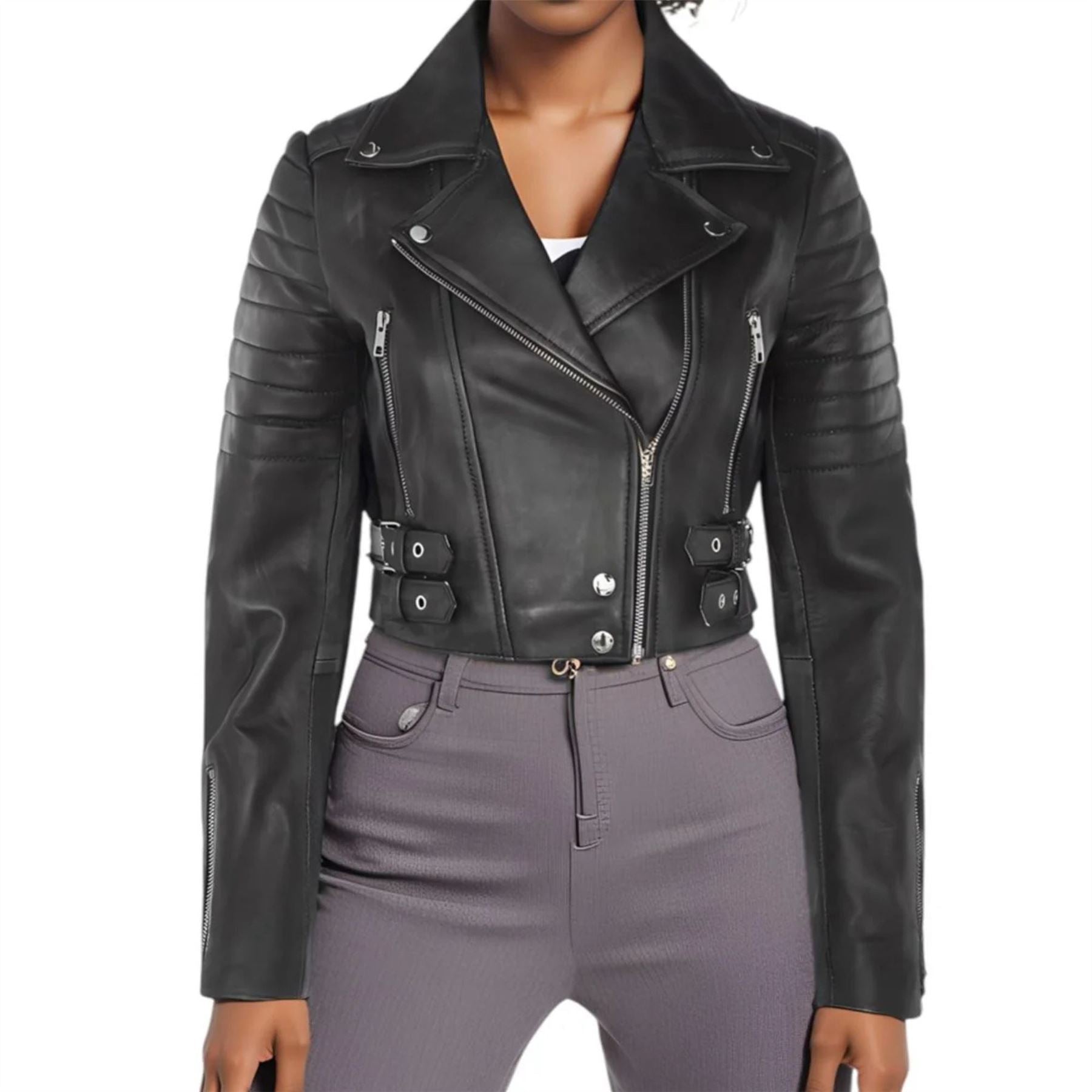 Women's Real Leather Short Cropped Length Biker Jacket