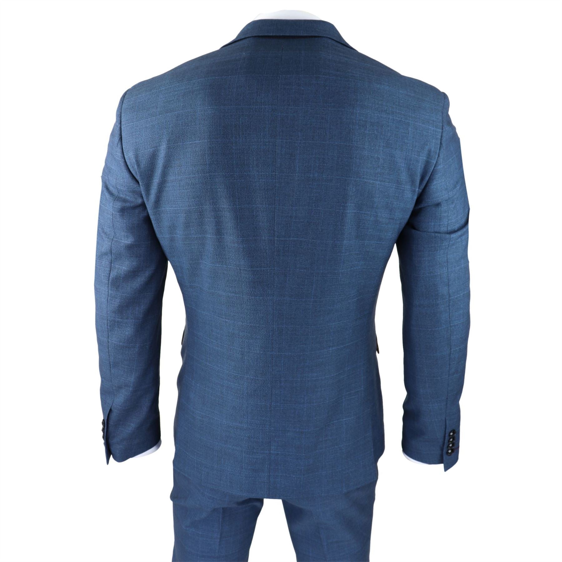 Mens 3 Piece Prince Of Wales Check Suit Blue Classic Light Tailored Fit Modern
