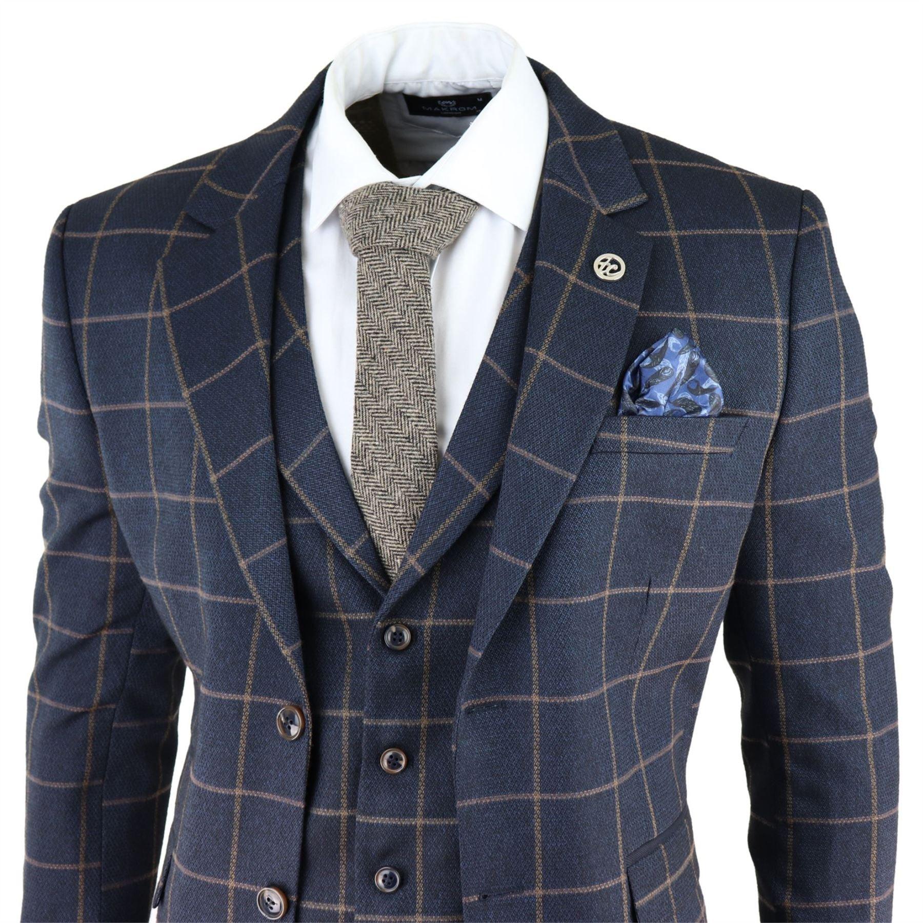 Mens Herringbone Tweed Navy Blue Check 3 Piece Wool Suit Tan - Knighthood Store