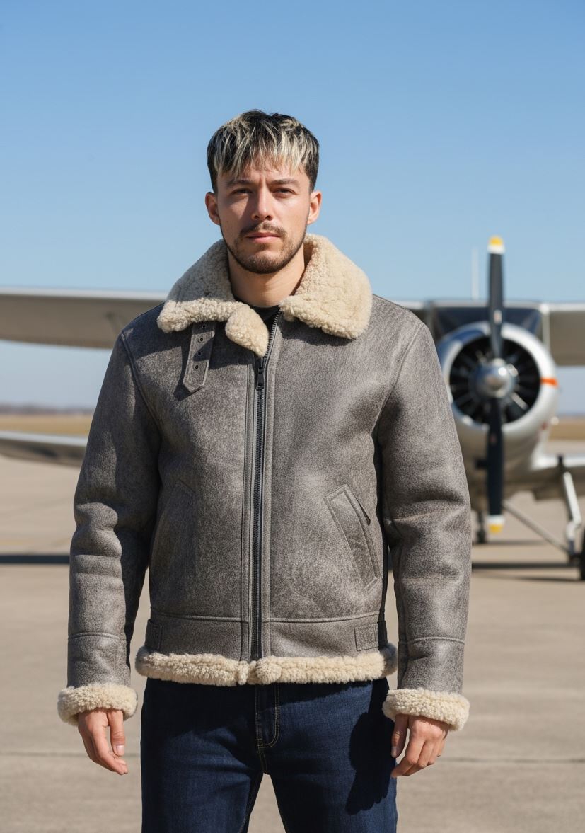 Men's Grey Shearling Leather B3 Aviator Bomber Jacket