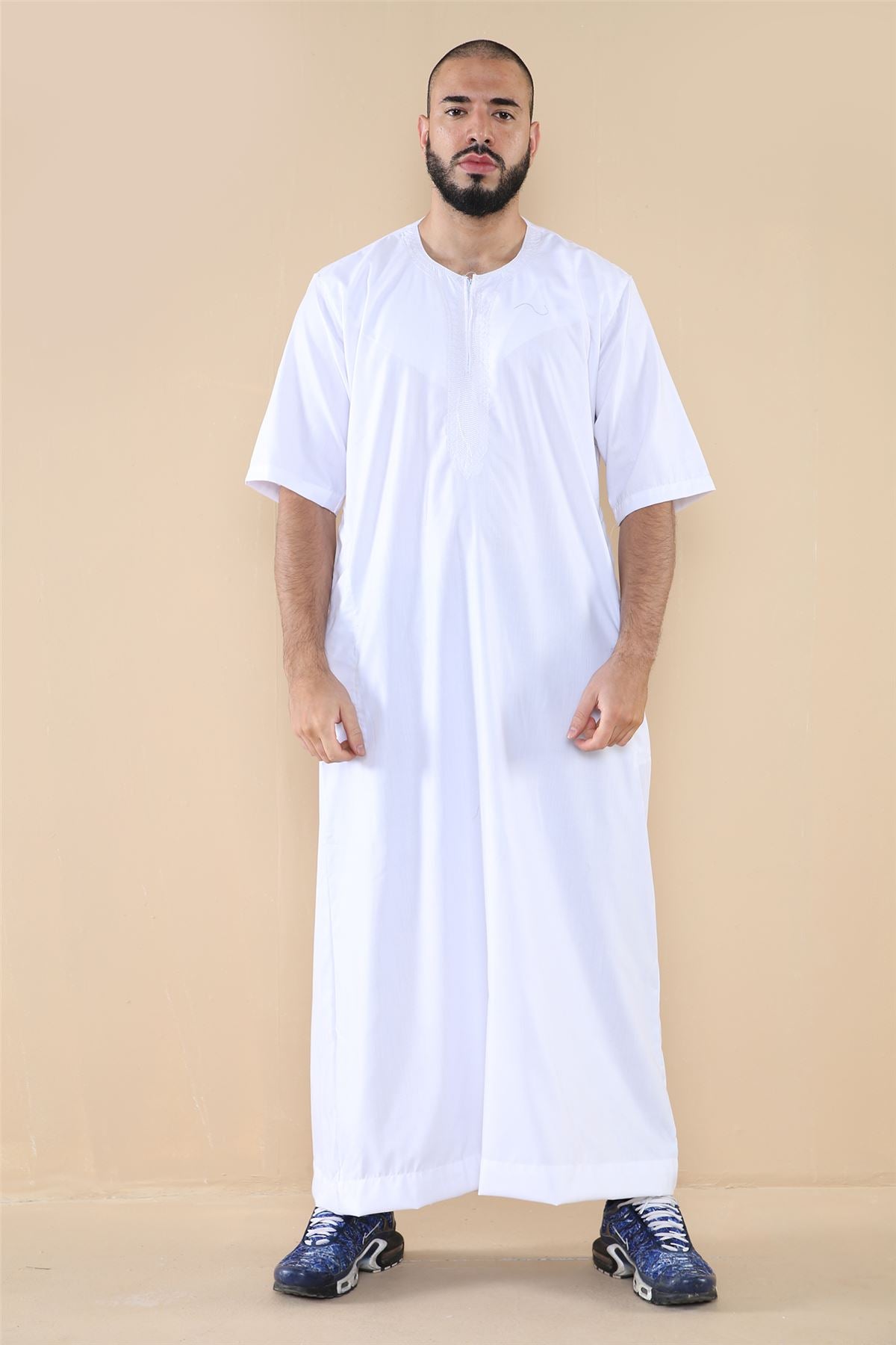 Mens Thobe Jubba Islamic Clothing Kaftan Half Sleeve Robe Moroccan Arab Zipped