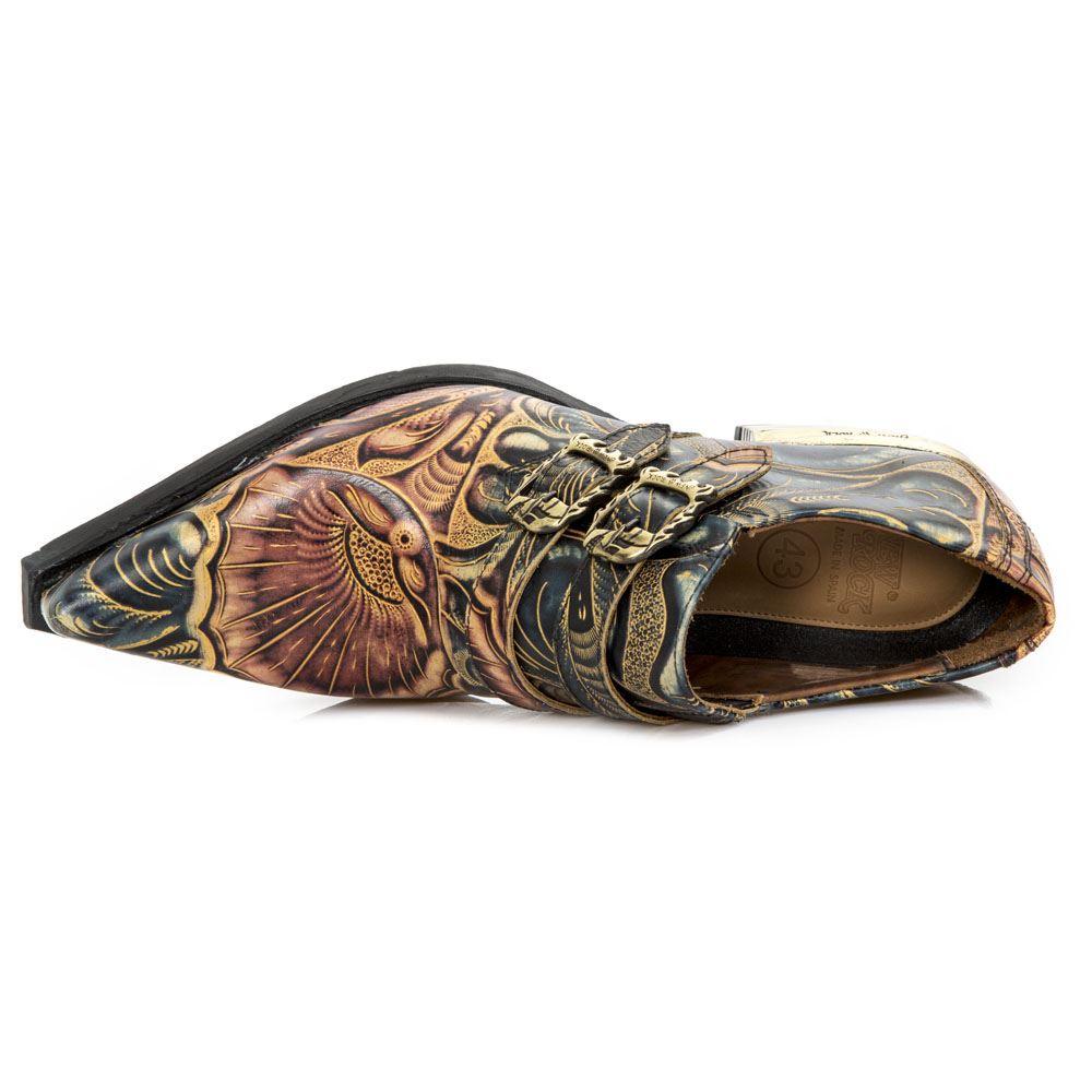 New Rock M-7960-s14 Embossed Vintage Shoes Black Leather Buckle Steel Heel - Knighthood Store