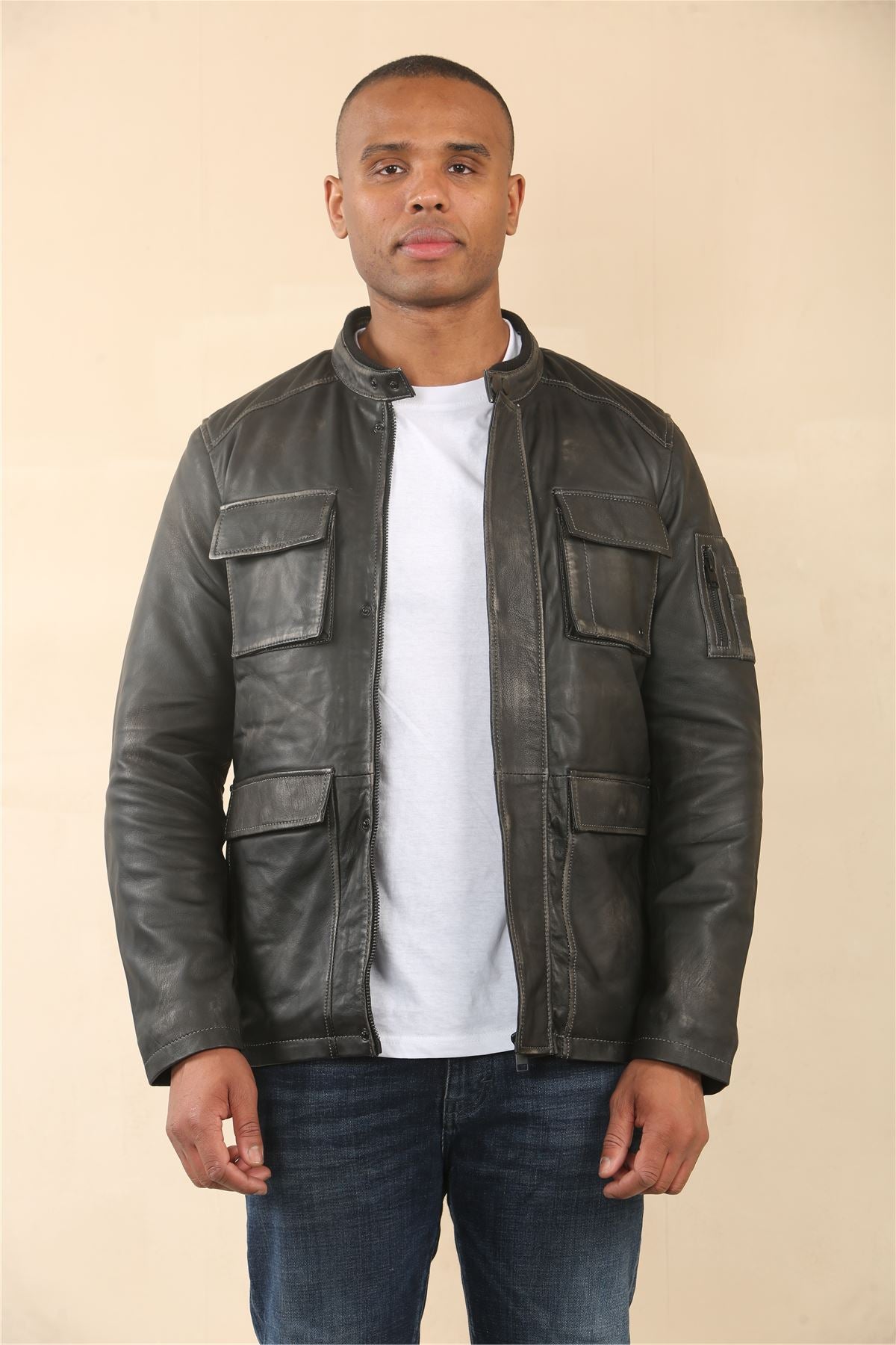 Men's Vintage Black Leather Safari Parka Jacket