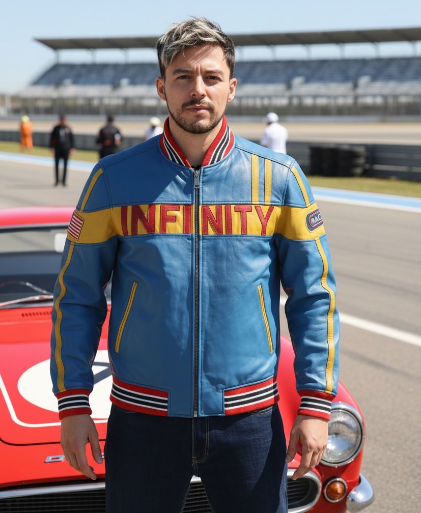 Men's Blue Leather Motorcycle Jacket Biker Bomber