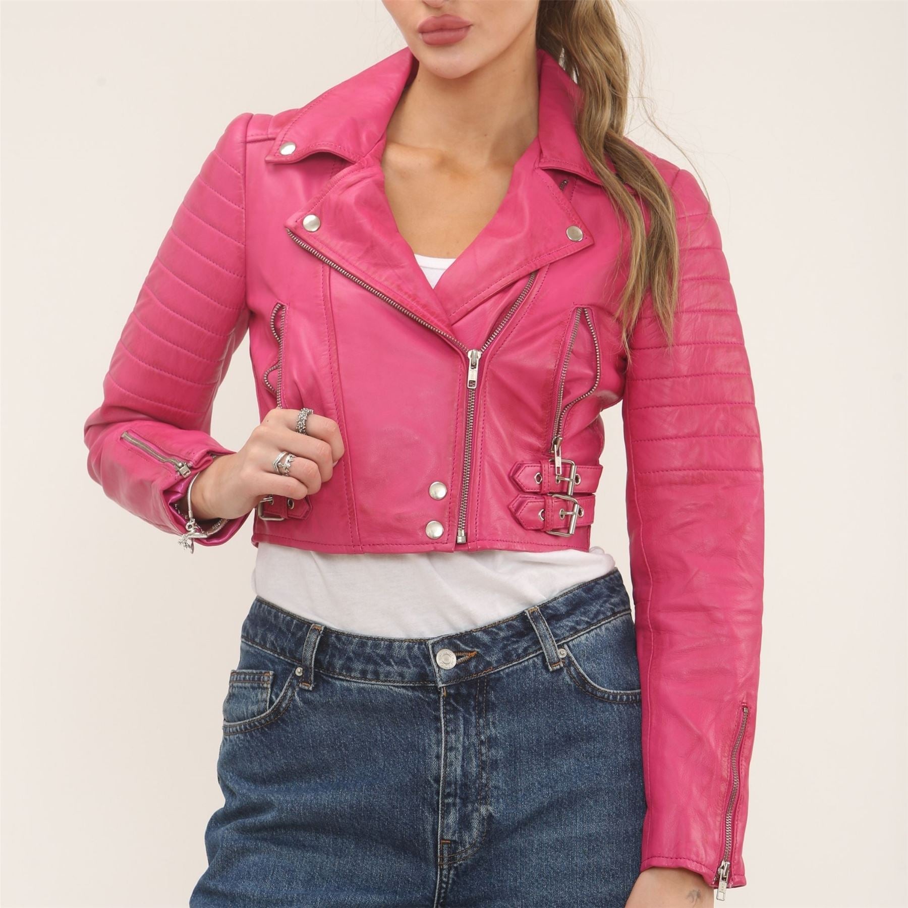 Women's Real Leather Short Cropped Length Biker Jacket