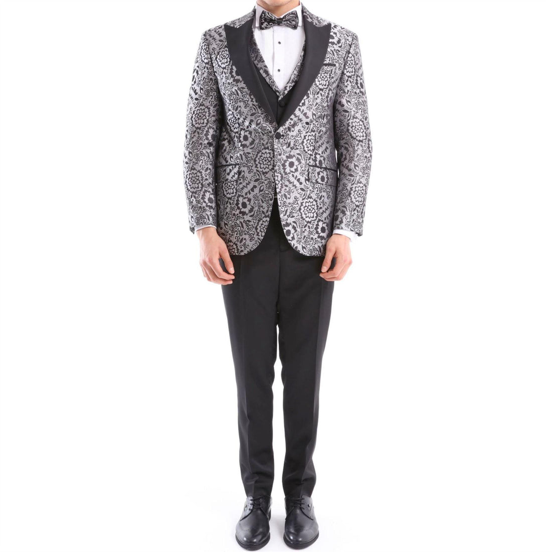 Mens Silver Floral Black Tuxedo Suit 3 Piece Wedding Prom Party Grooms Ceremony - Knighthood Store
