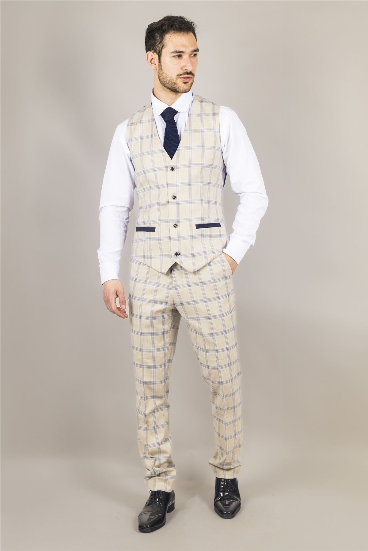 Men's Suit 3 Piece Beige Checked Classic Plaid Tailored Fit Formal Dress