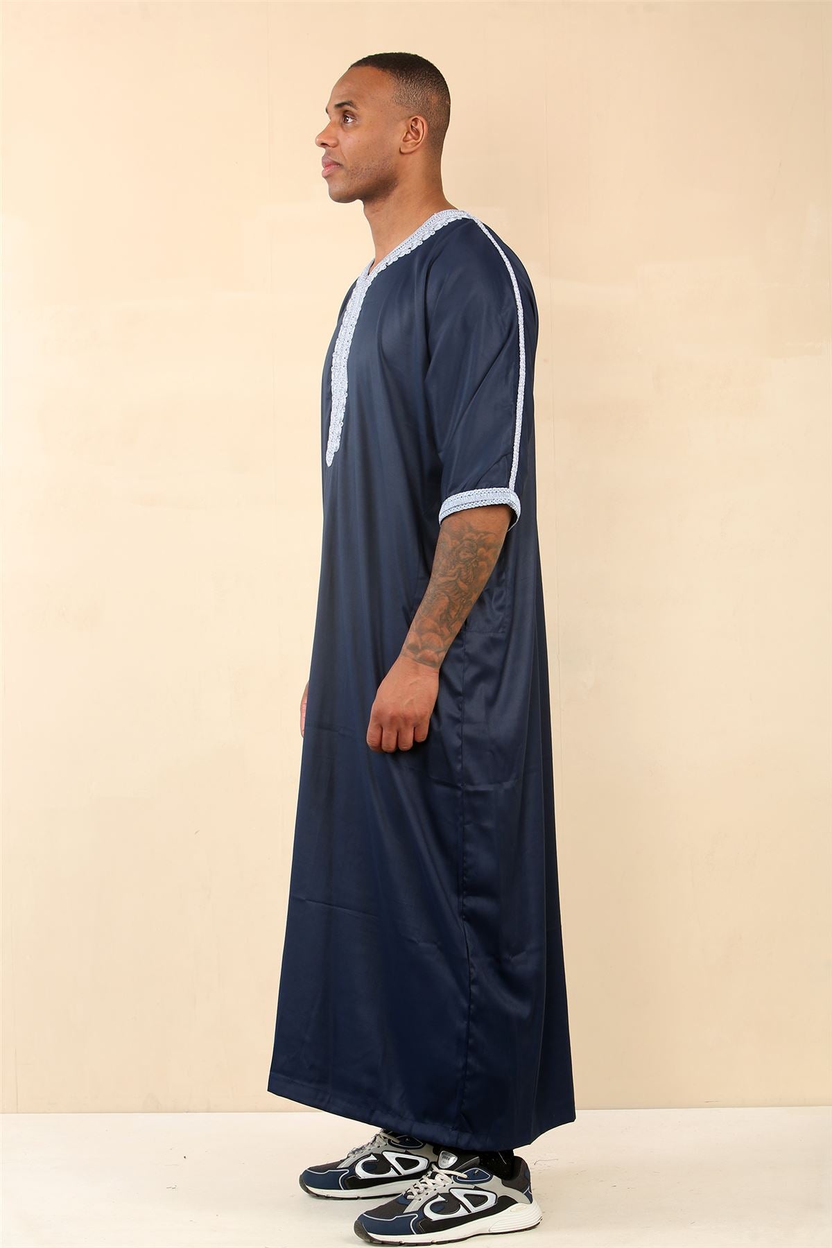 Men's Navy Moroccan Thobe Short Sleeve Gandoura Blue Embroidery Kaftan