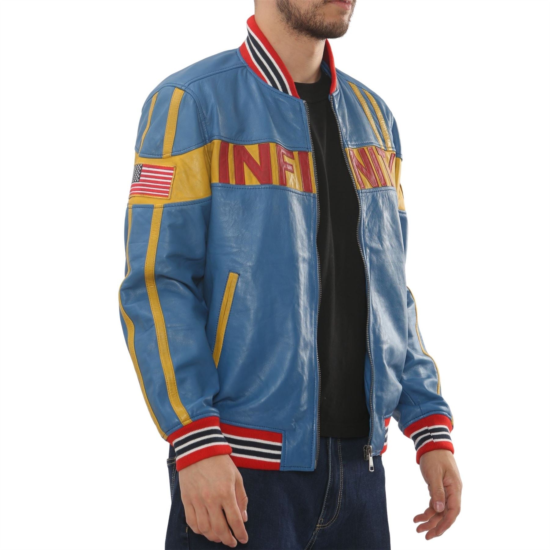 Men's Blue Leather Motorcycle Jacket Biker Bomber