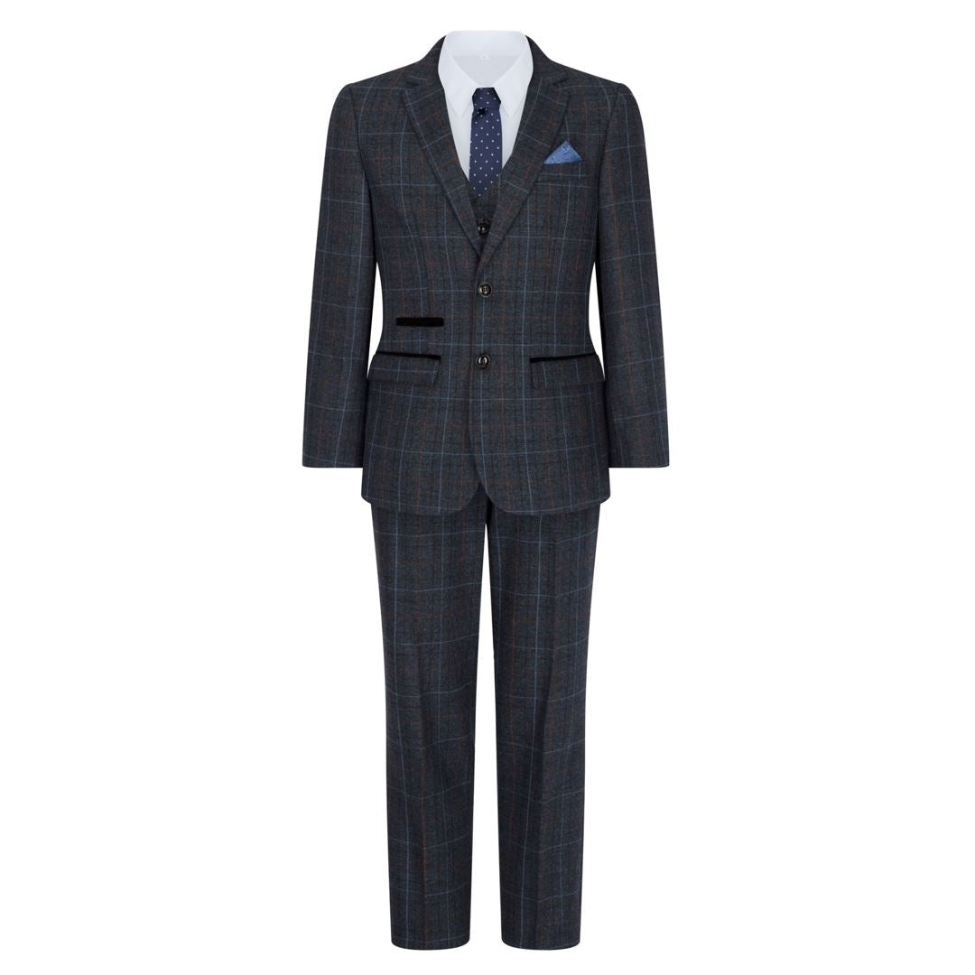 Boys Navy Blue 3 Piece Tweed Suit Herringbone Wine Vintage Retro