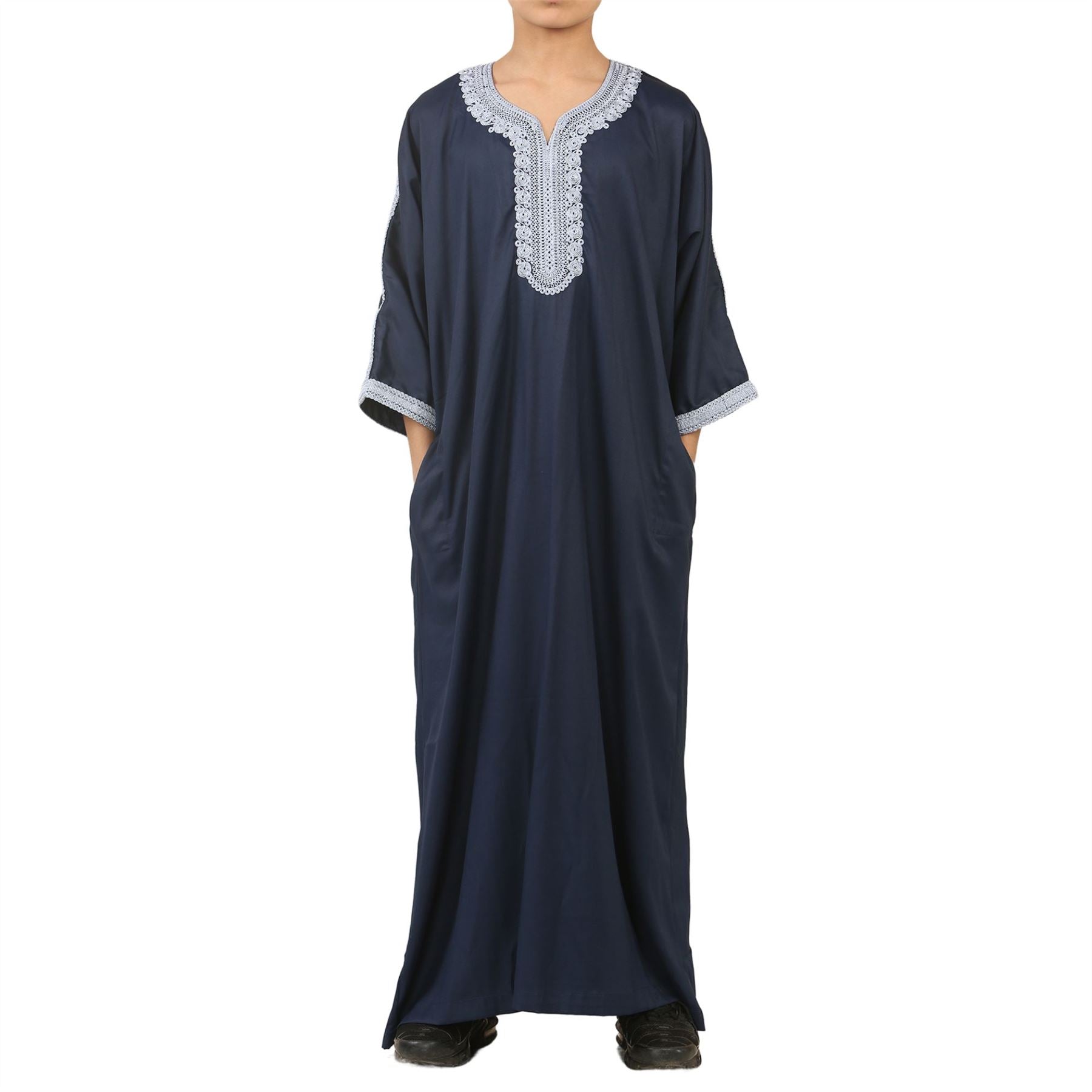 Boys Navy Moroccan Thobe Short Sleeve Gandoura Blue Embroidery Kaftan