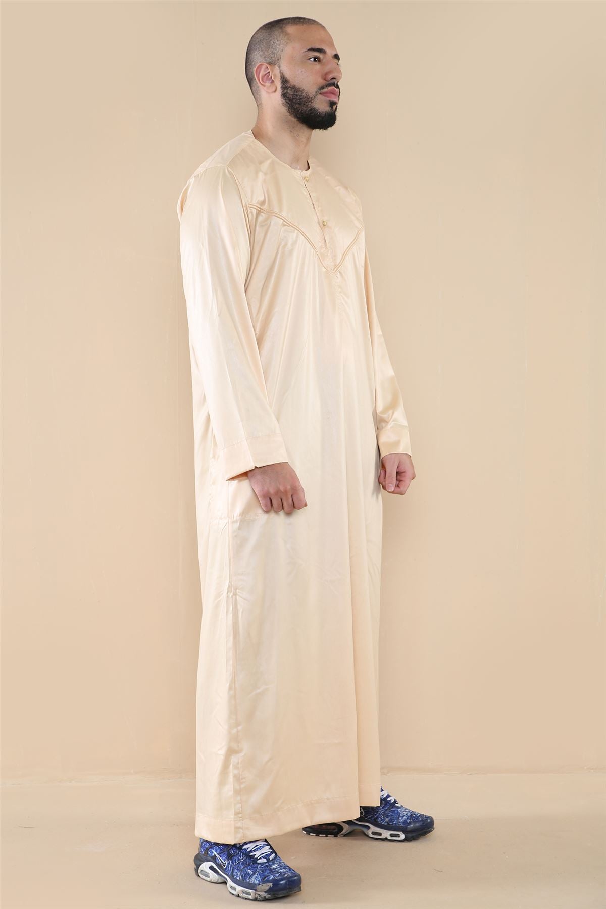 Mens Thobe Jubba Islamic Clothing Muslim Kaftan Emirati Omani Robe Satin Shiny