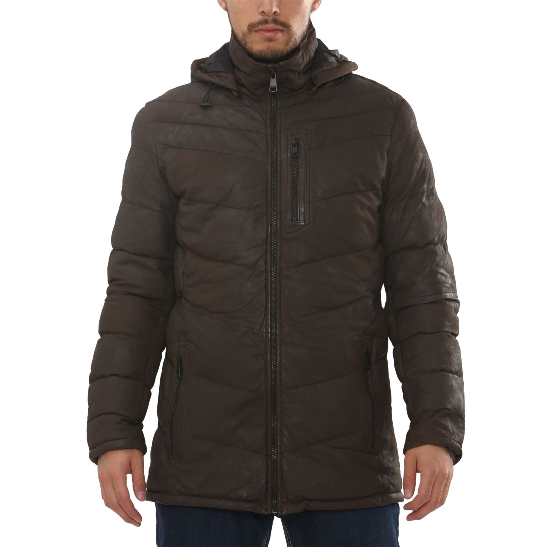 Men's Leather Puffer Jacket Hooded Quilted Winter Coat