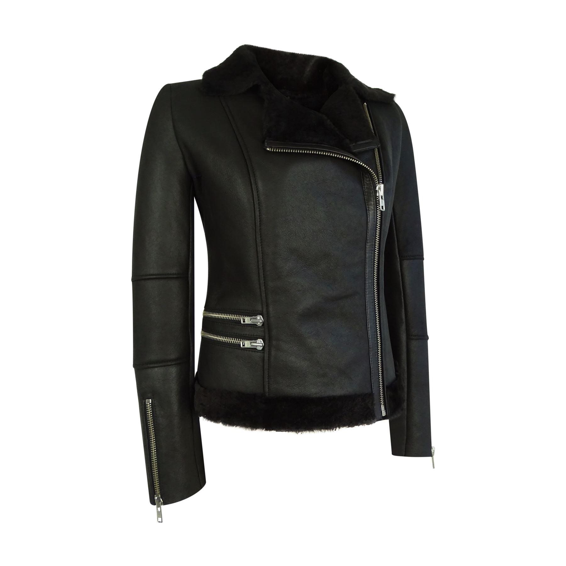 Womens Short Tailored Fit Morino Black Real Sheepskin Cross Zip Biker Style - Knighthood Store
