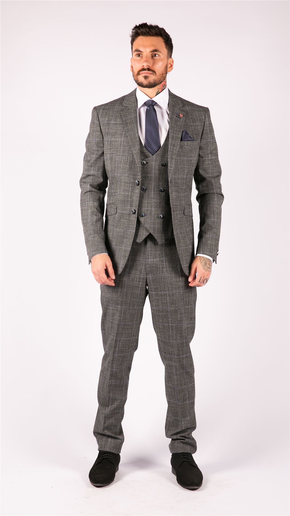 Mens 3 Piece Tailored Fit Suit Check Grey Blue Double Breasted Vintage Wedding