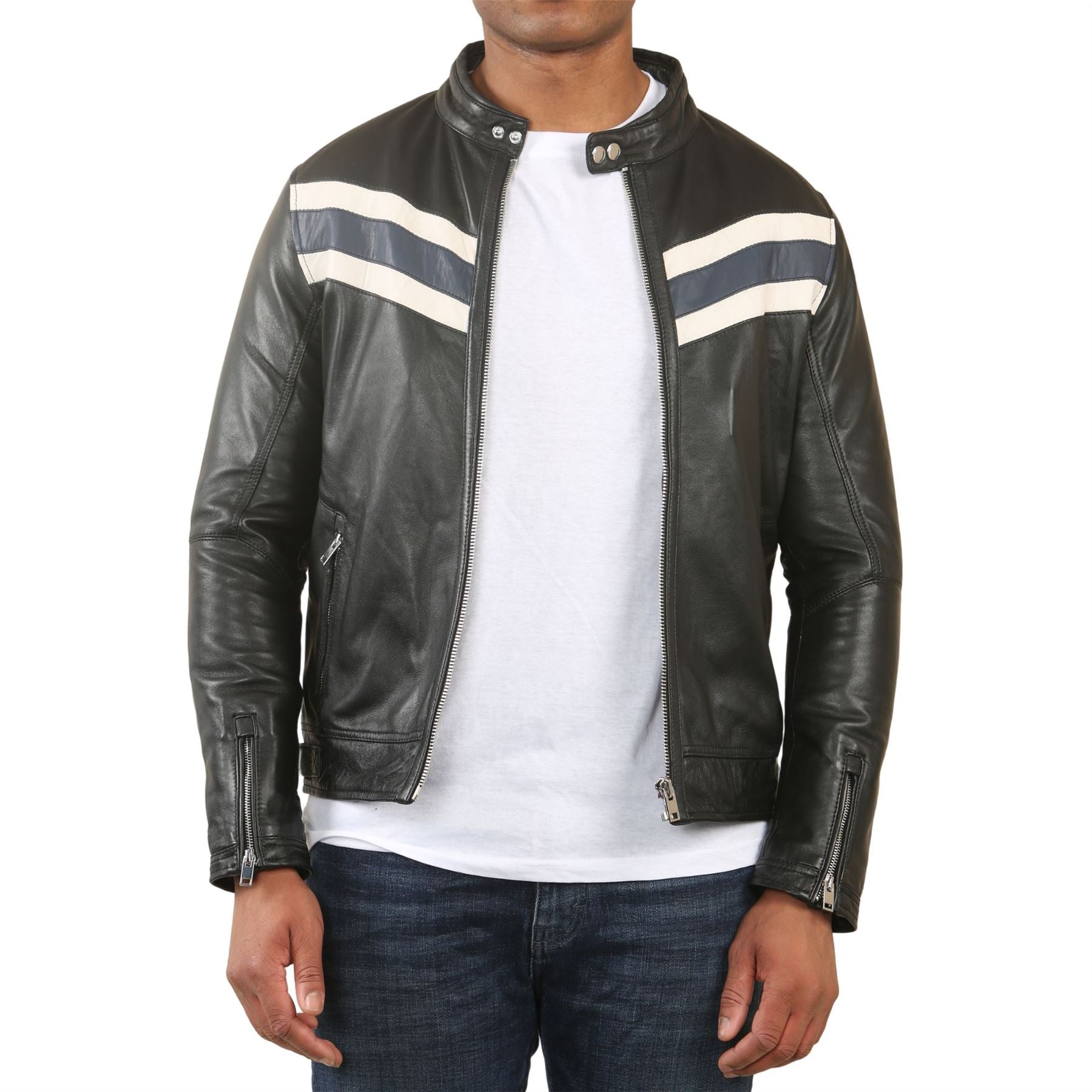 Men's Black Racer Striped Biker Leather Jacket