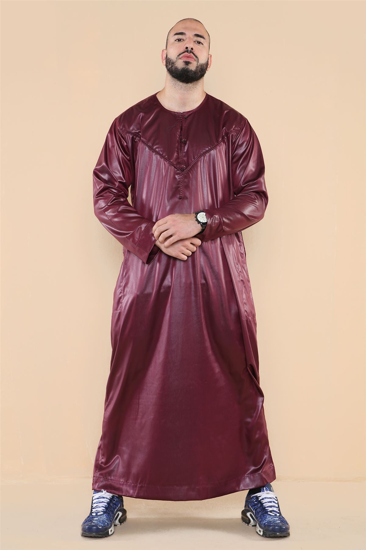 Mens Thobe Jubba Islamic Clothing Muslim Kaftan Emirati Omani Robe Satin Shiny