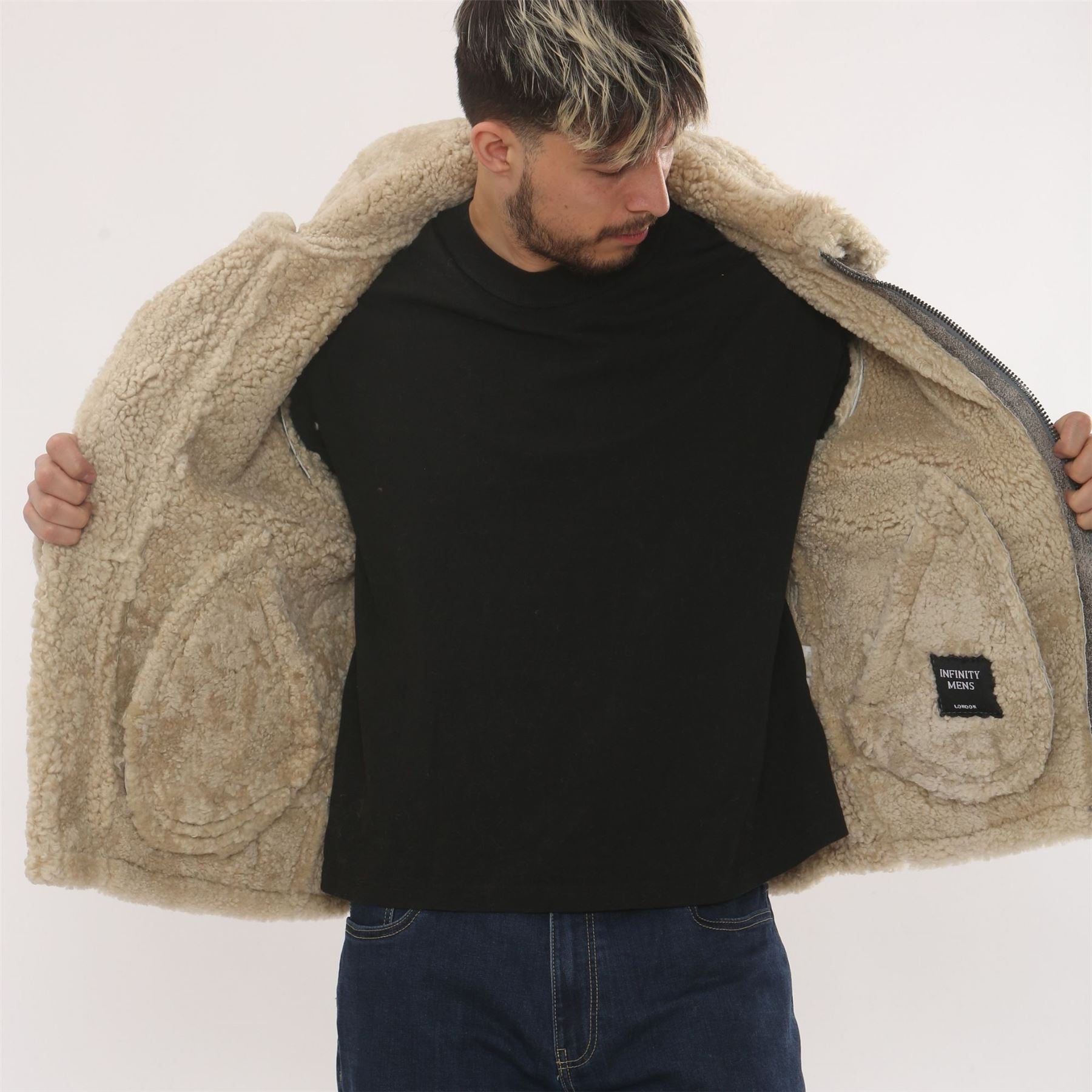 Men's Grey Shearling Leather B3 Aviator Bomber Jacket