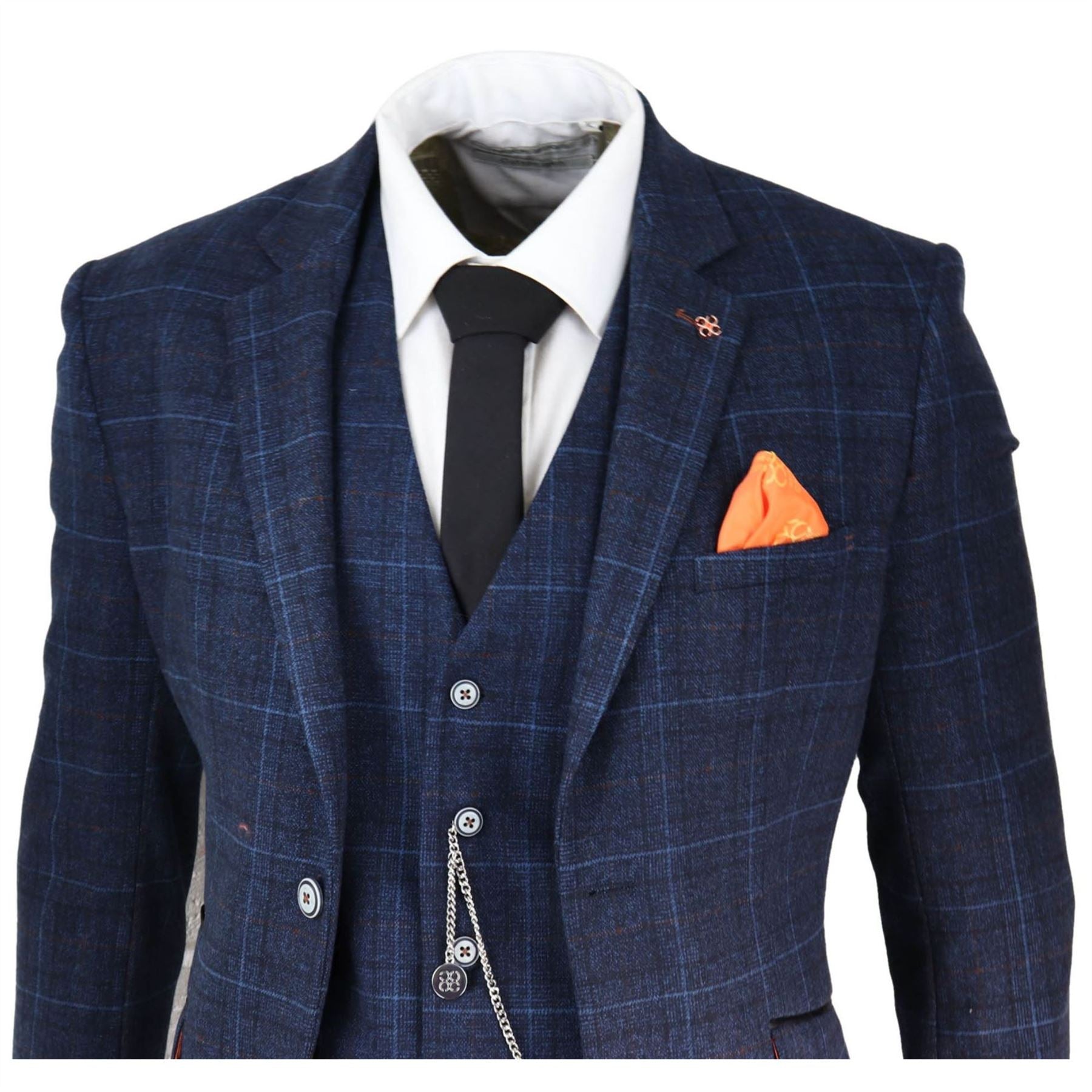 Mens Grey 3 Piece Suit Tan Navy Check Wedding Prom Formal Vintage Tailored Fit