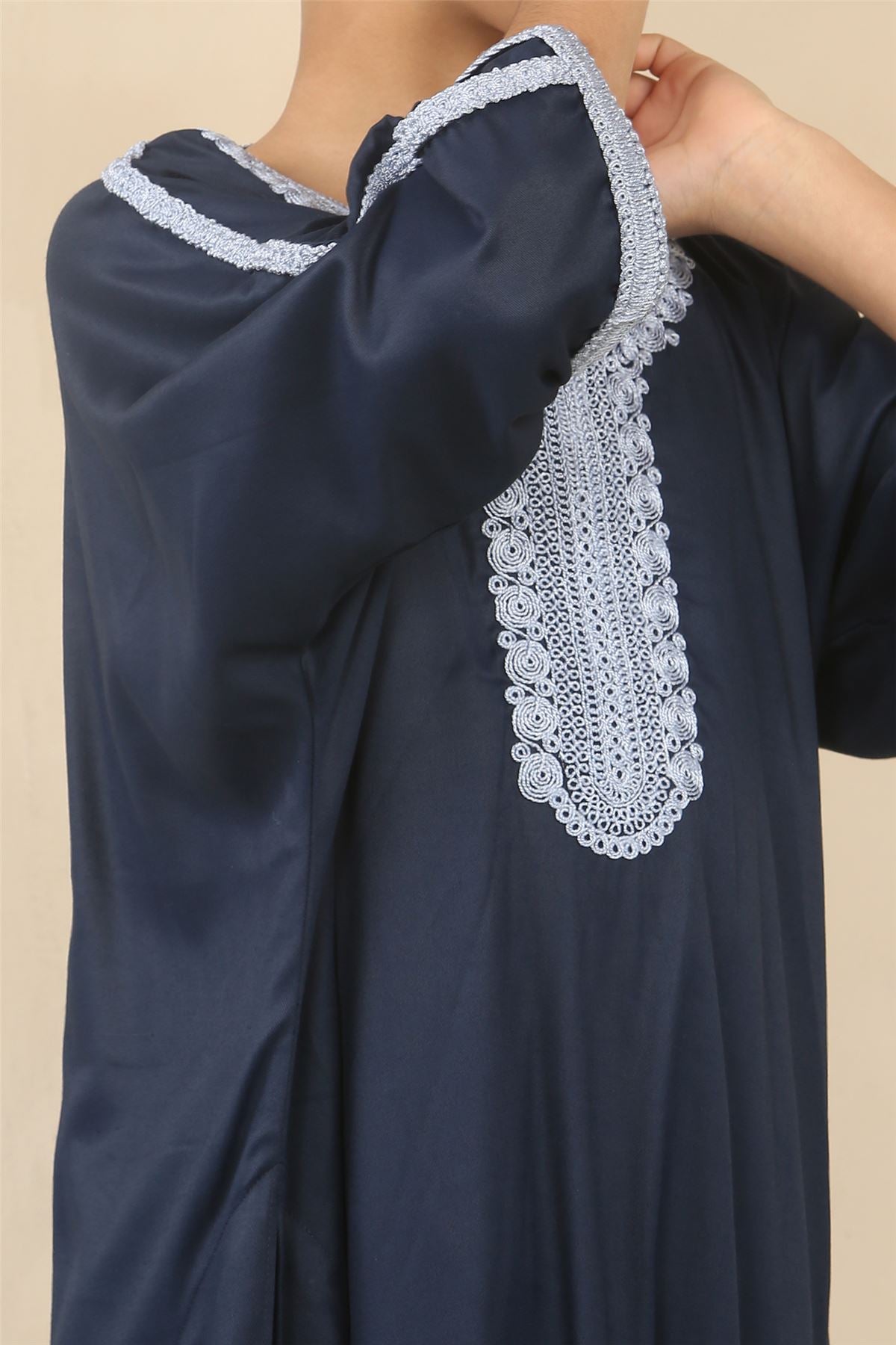 Boys Navy Moroccan Thobe Short Sleeve Gandoura Blue Embroidery Kaftan