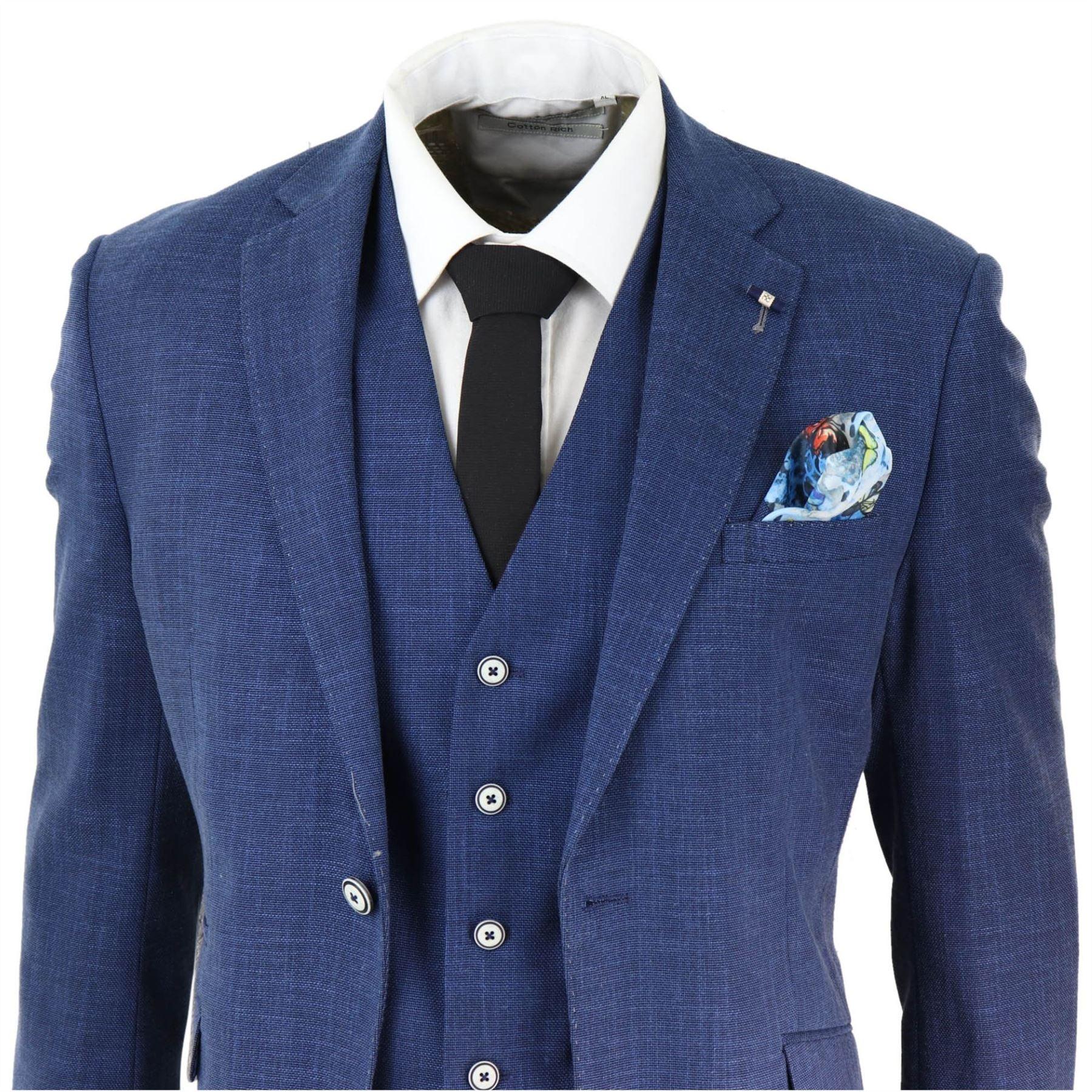 Mens 3 Piece Suit Blue Summer Linen Tailored Fit Wedding Prom Classic - Knighthood Store