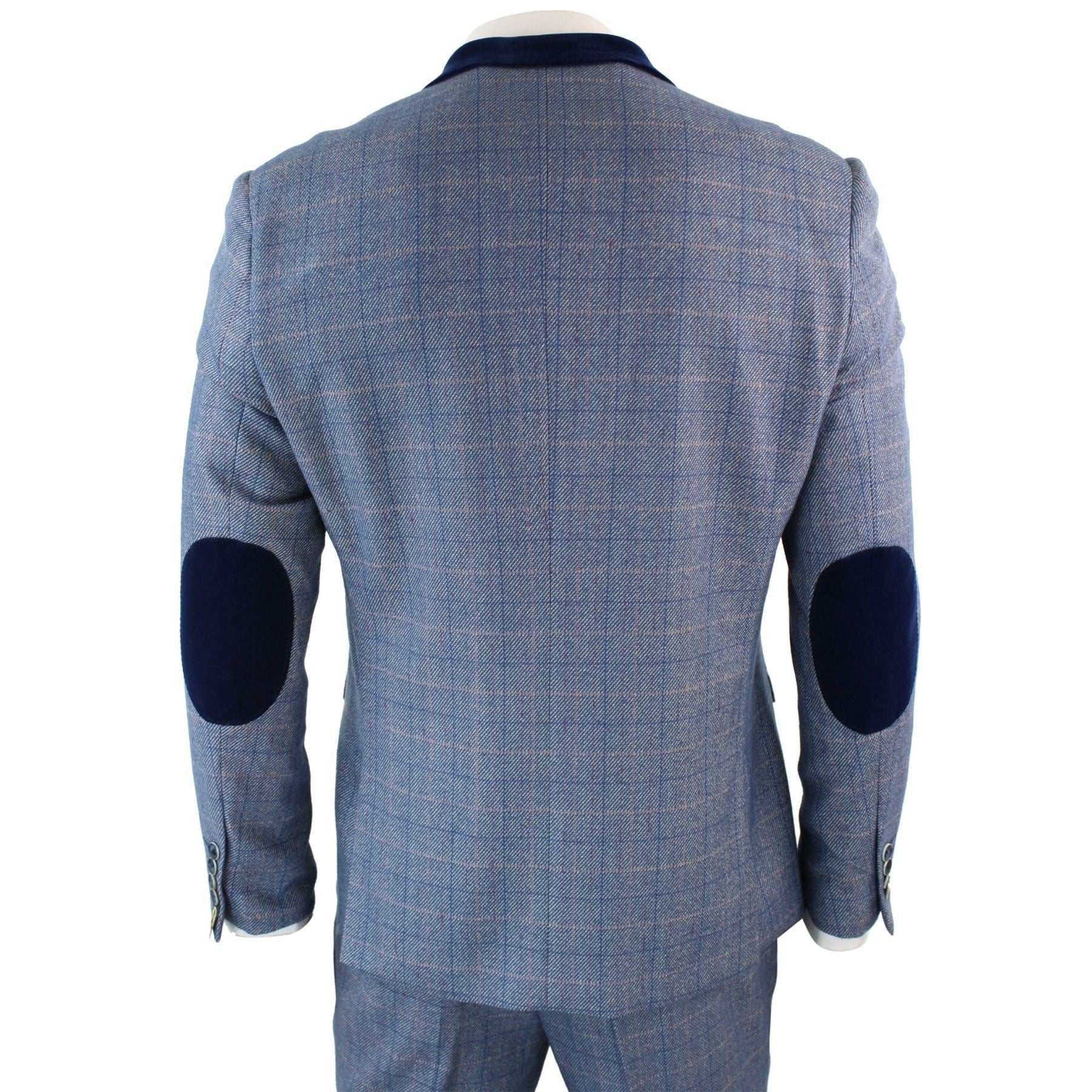 Mens Blue Check Marc Darcy 3 Piece Suit Double Breasted Waistcoat Elbow Patch