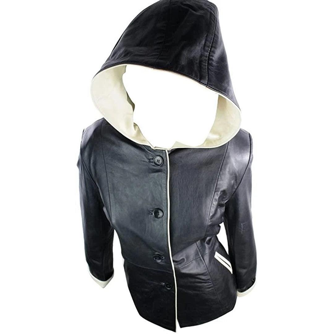 Ladies Leather Jacket with hood with Cream Edgeing Black Jacket Vintage Look - Knighthood Store