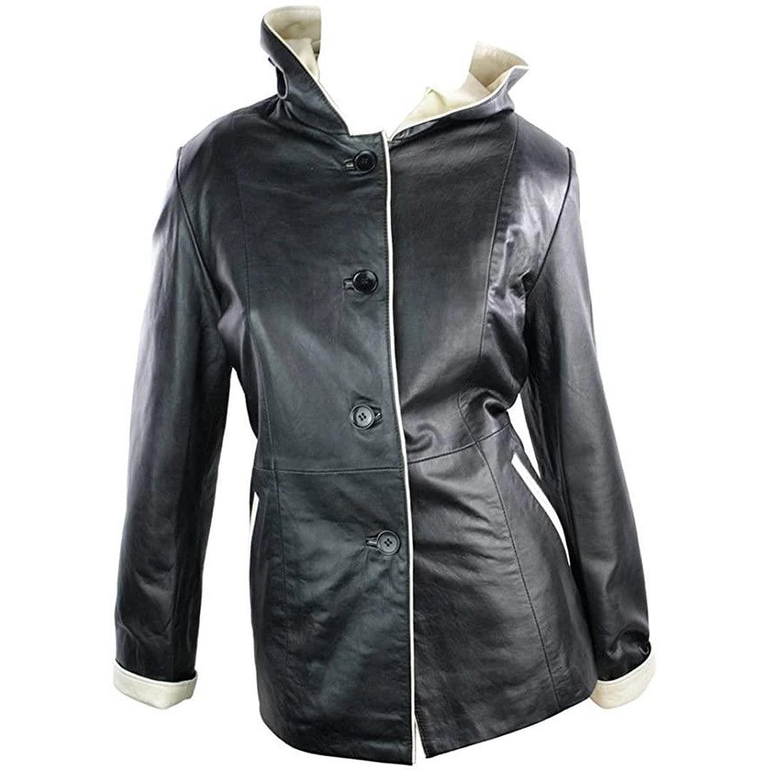 Ladies Leather Jacket with hood with Cream Edgeing Black Jacket Vintage Look - Knighthood Store