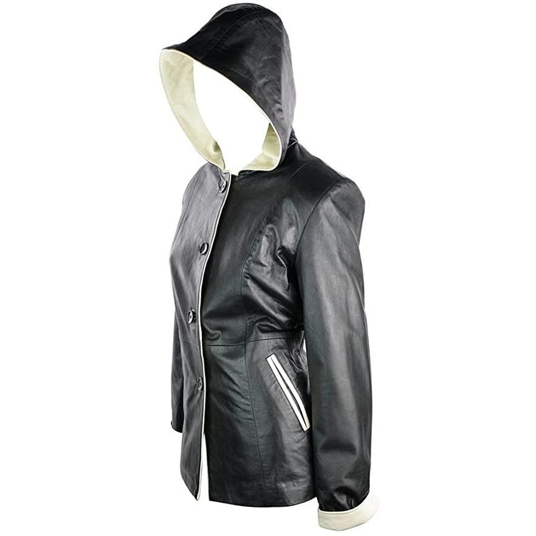 Ladies Leather Jacket with hood with Cream Edgeing Black Jacket Vintage Look - Knighthood Store