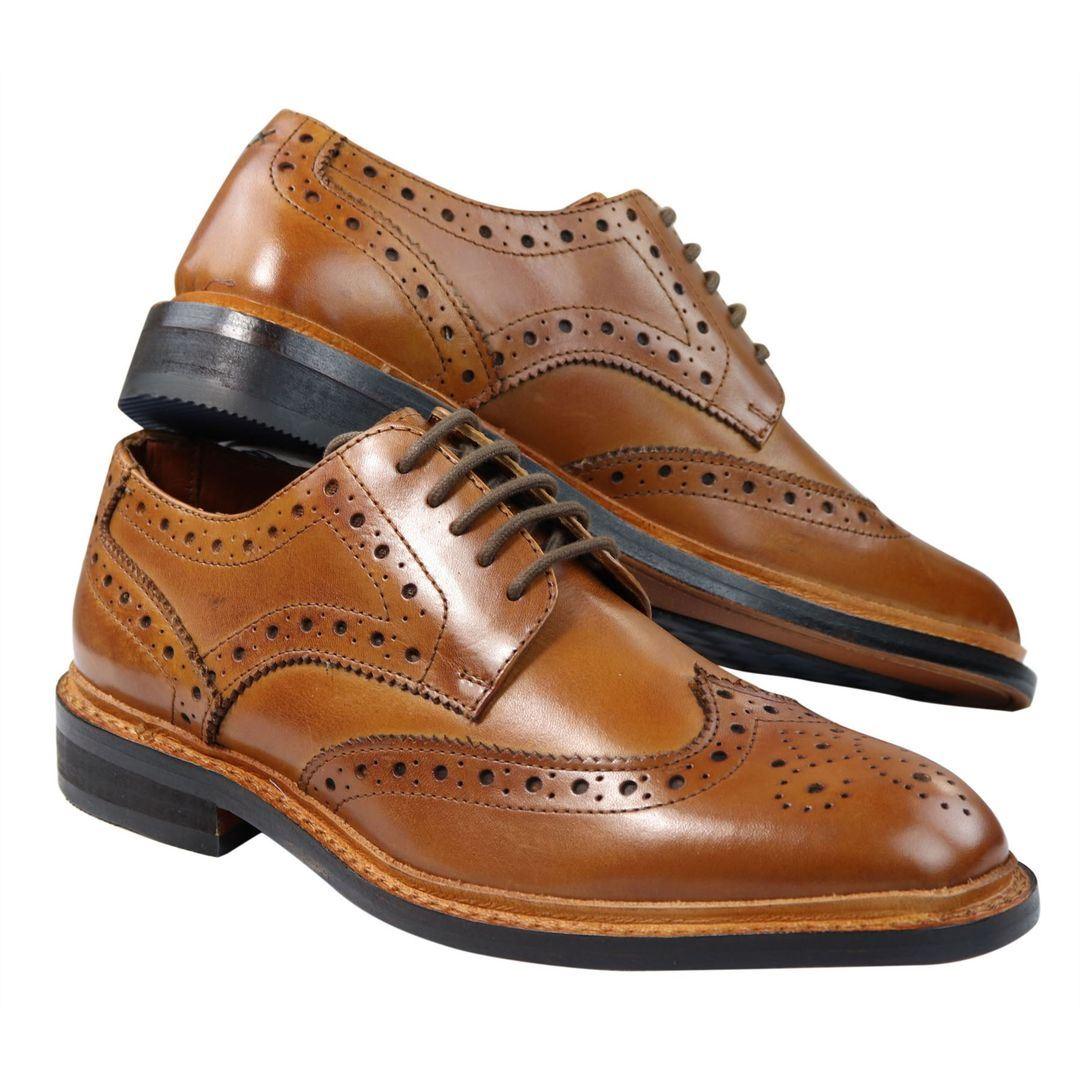 Mens Oxford Brogue Shoes Laced Leather Goodyear Welted Tan Brown Burgundy - Knighthood Store