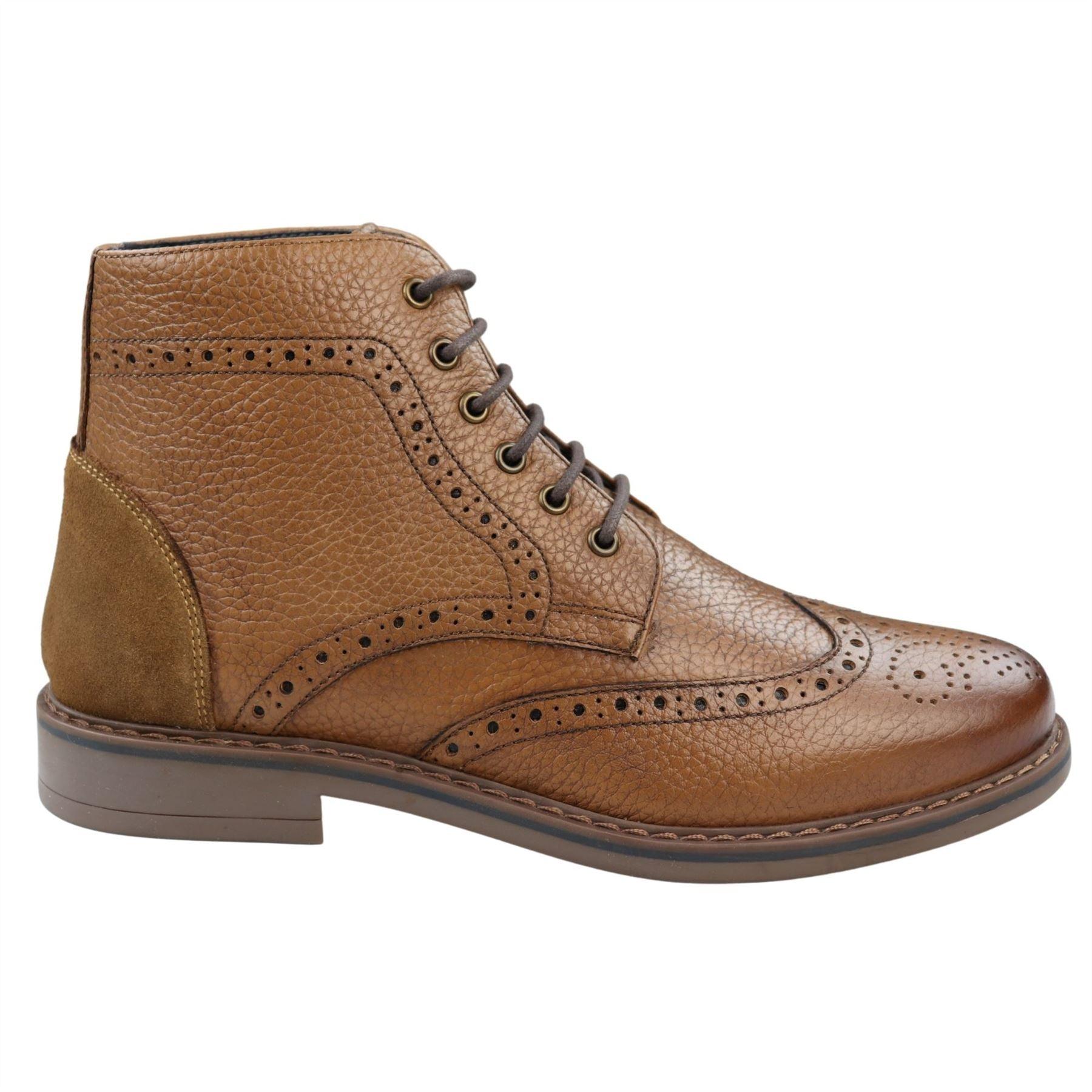 Mens Round Toe Laced Brogue Boots Black Tan Brown Real Leather Smart Casual Classic - Knighthood Store