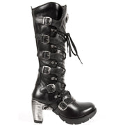 New Rock TR004-S1 Ladies Black 100% Leather Buckle Lace Knee High Biker Boots - Knighthood Store