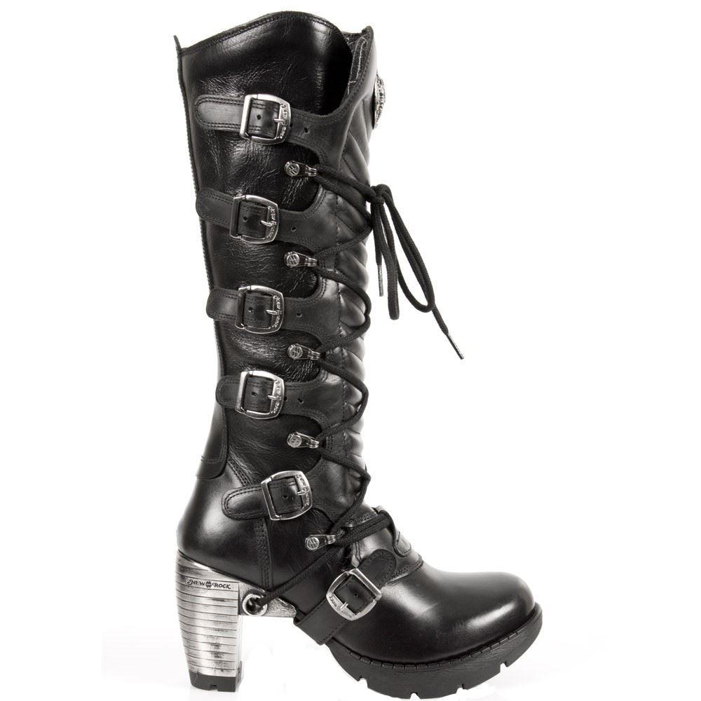 New Rock TR004-S1 Ladies Black 100% Leather Buckle Lace Knee High Biker Boots - Knighthood Store