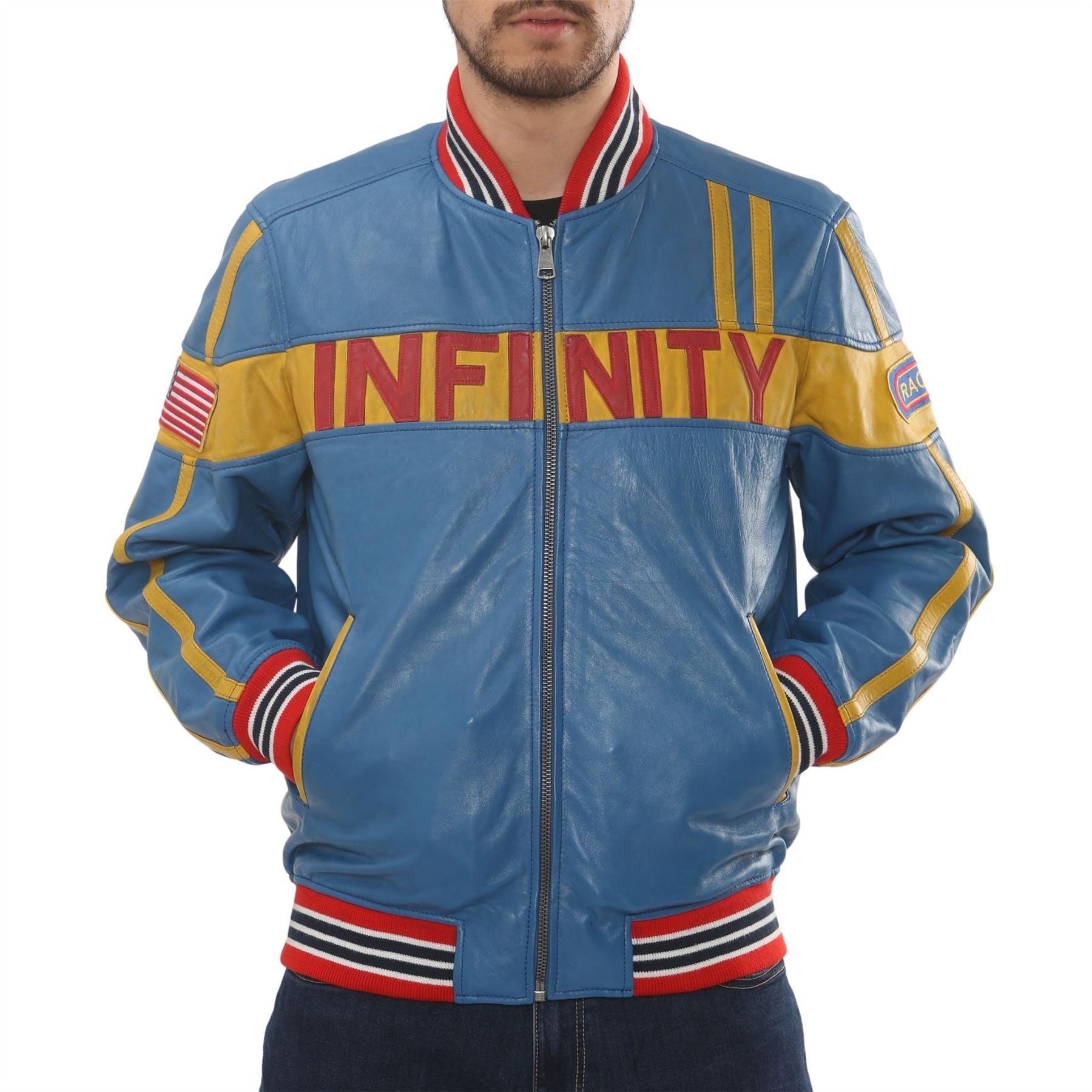 Men's Blue Leather Motorcycle Jacket Biker Bomber