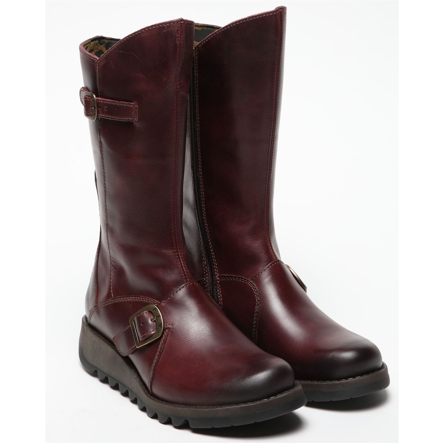 MES2913 - Women's Wedge Heel Buckle Mid Calf Leather Boots