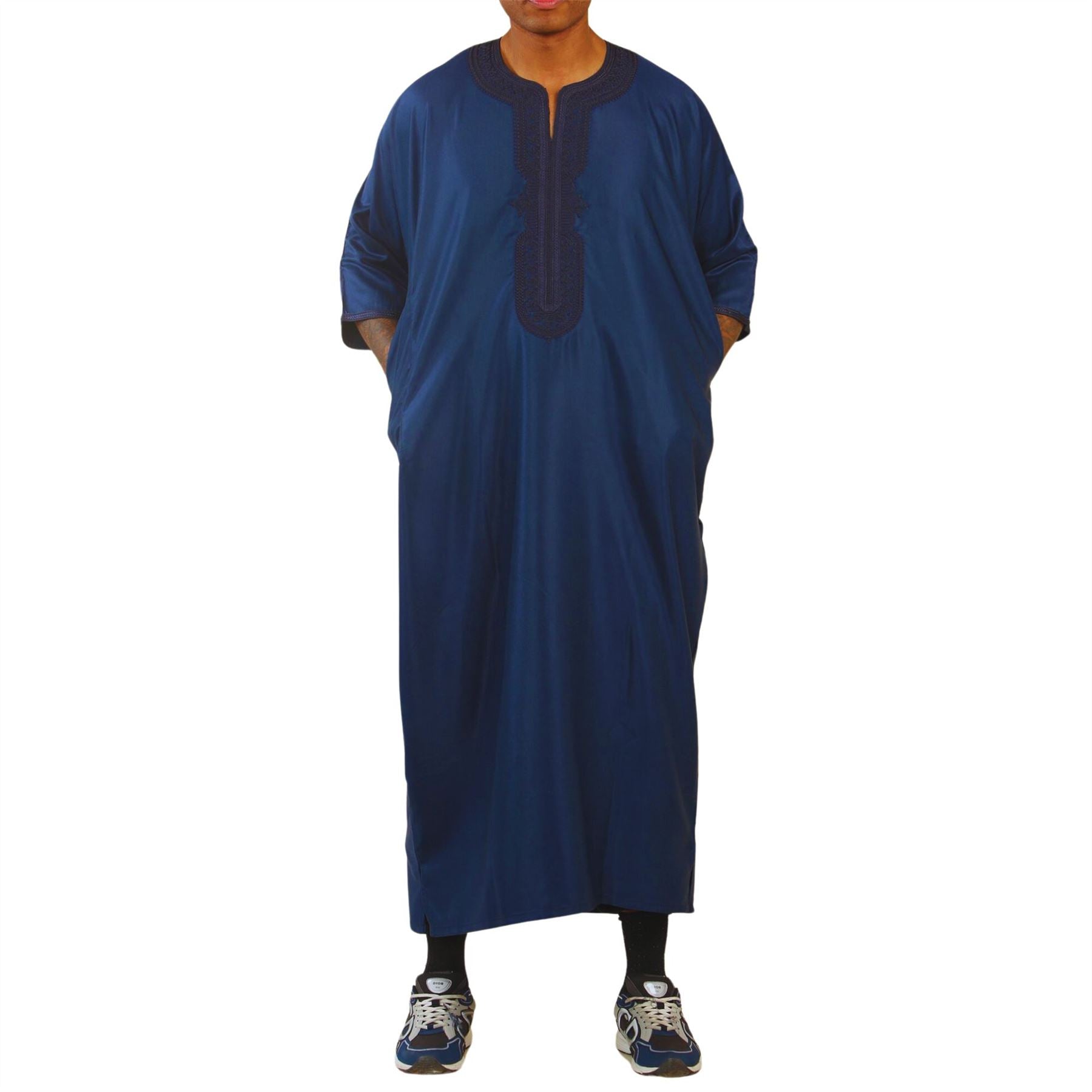 Men's Moroccan Thobe Gandoura Short Sleeve Jubba Islamic Clothing Kaftan Eid Robe Arab Embroidery
