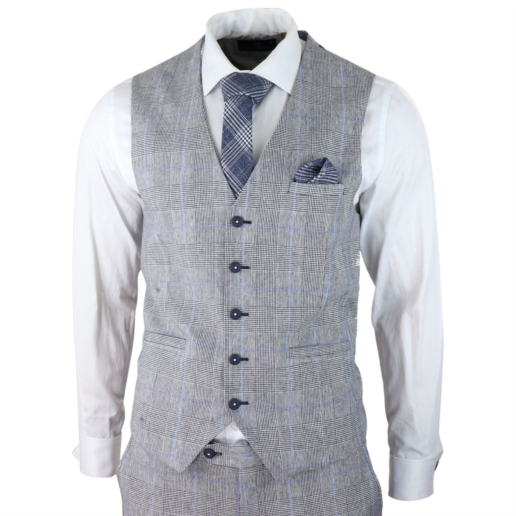 Mens 3 Piece Summer Suit Grey Check Blue Black Tailored Fit Classic Wedding Formal