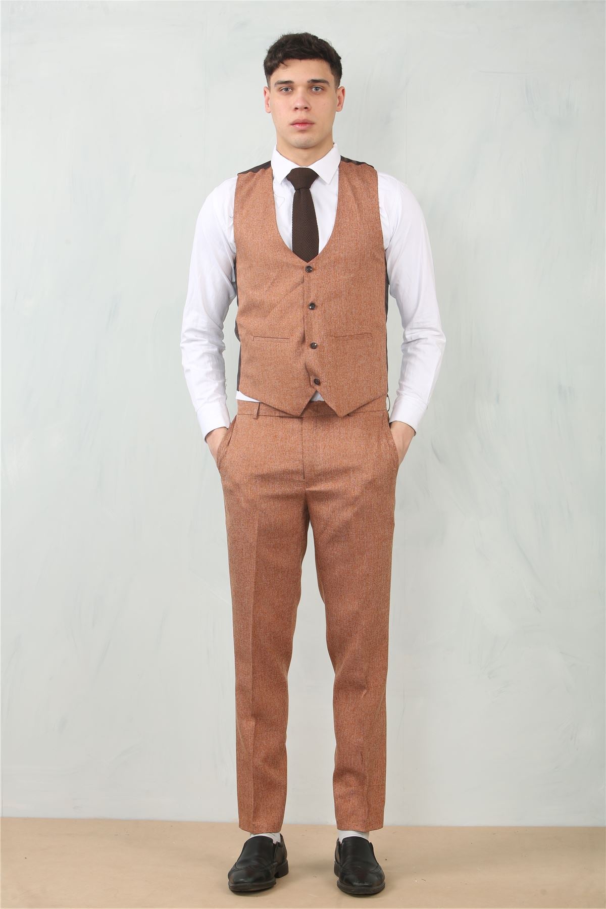 Men's 3 Piece Suit Camel Rust Brown Tailored Fit Wedding Prom Formal Textured