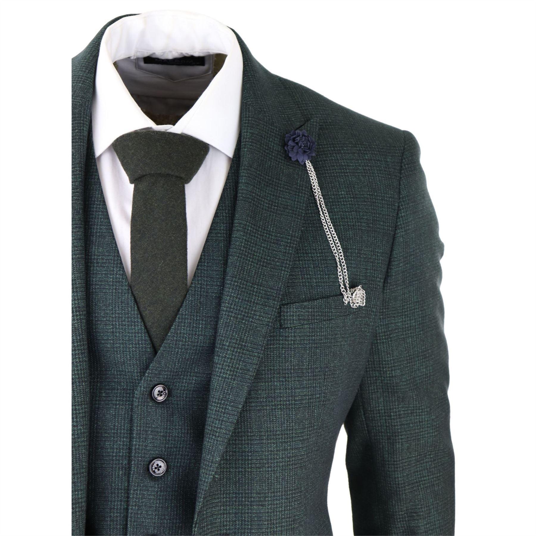 Mens 3 Piece Check Suit Tweed Olive Green Tailored Fit Wedding Peaky Classic - Knighthood Store